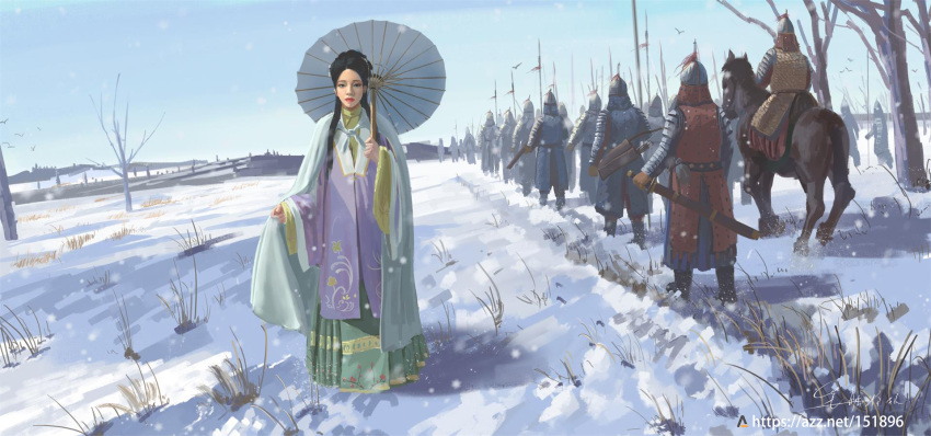 1girl 6+boys armor army arrow_(projectile) bare_tree bow_(weapon) brigandine_(armor) chinese_armor chinese_clothes chinese_empire footprints from_behind green_hanfu hand_on_sheath hanfu helmet highres holding holding_polearm holding_umbrella holding_weapon horseback_riding looking_at_viewer marching military ming_dynasty multiple_boys oil-paper_umbrella original polearm quiver riding sheath sheathed shouhui_lang_qun sidelocks snow spear standing tassel tree umbrella weapon winter