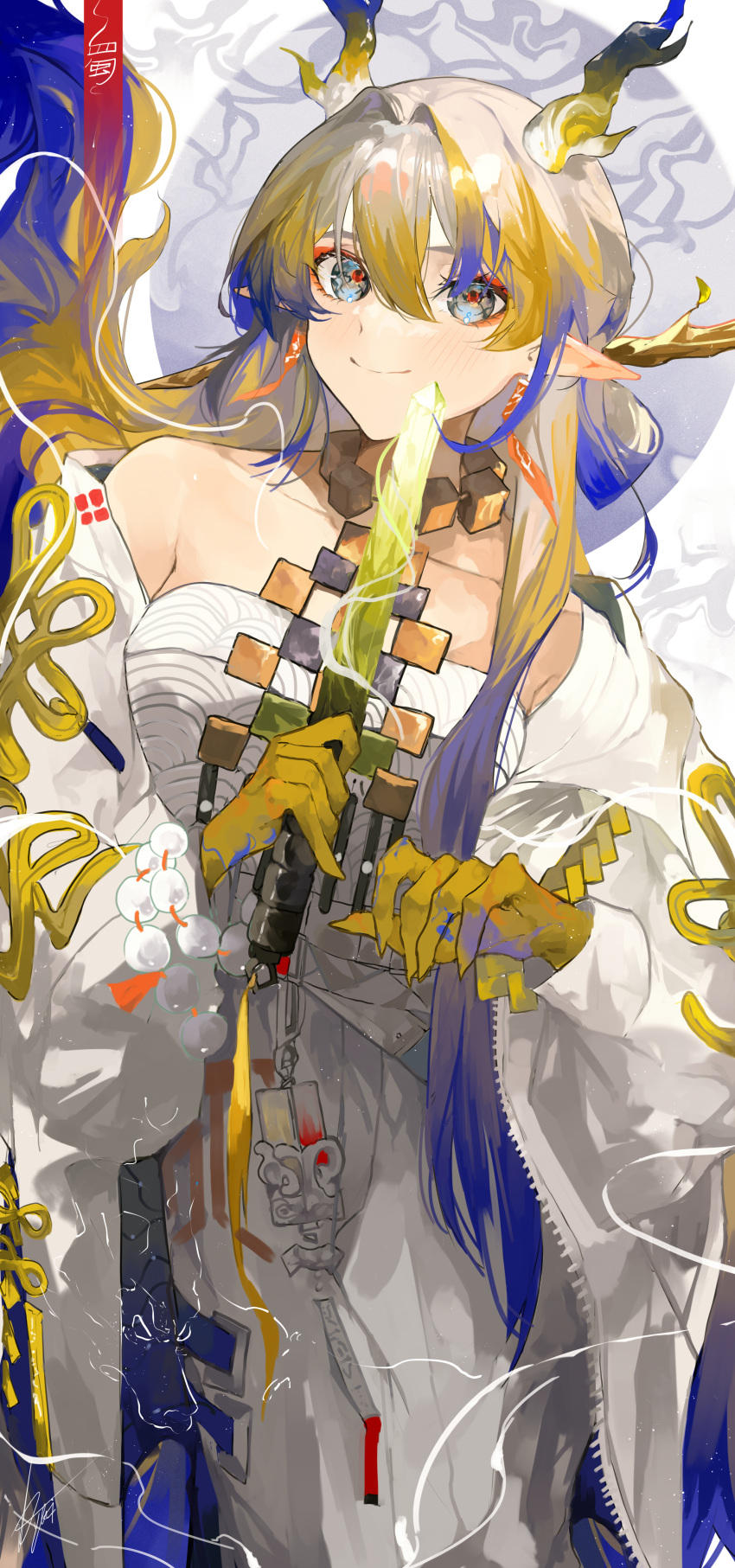 1girl absurdres arknights bare_shoulders bead_bracelet beads blonde_hair blue_hair blush bracelet breasts choker closed_mouth collarbone colored_skin colored_tips commentary dagger dragon_girl dragon_horns earrings green_hair grey_eyes grey_hair hair_ornament hair_stick highres holding holding_dagger holding_knife holding_weapon horns jacket jewelry knife light_particles long_hair long_sleeves looking_at_viewer multicolored_hair off_shoulder open_clothes open_jacket pants pointy_ears shirt shu_(arknights) small_breasts smile solo stick strapless strapless_shirt streaked_hair tassel tassel_earrings very_long_hair weapon white_jacket white_pants white_shirt yuki_flourish zipper