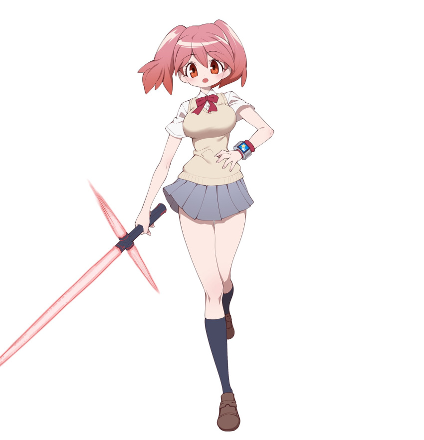 1girl bow bowtie cardigan energy_sword full_body highres hinata_natsumi kemono_friends kemono_friends_3 keroro_gunsou lightsaber long_hair looking_at_viewer notora parody pink_hair red_eyes shirt shoes simple_background skirt socks solo star_wars sword twintails weapon wristband
