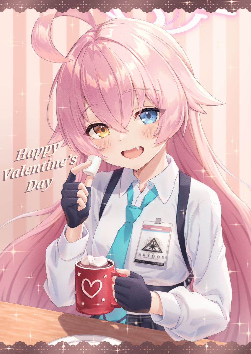 1girl absurdres ahoge black_gloves black_skirt blue_archive blue_eyes blue_necktie blush collared_shirt cup ekura28 fang fingerless_gloves food gloves hair_between_eyes halo happy_valentine highres holding holding_cup holding_food hoshino_(blue_archive) long_hair looking_at_viewer macaron necktie open_mouth pink_hair pink_halo shirt skirt smile solo valentine white_shirt yellow_eyes