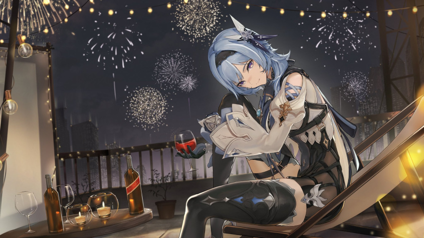1girl black_gloves black_hairband blue_gloves blue_hair boots bottle candle chest_harness city cup drinking_glass eula_(genshin_impact) fireworks genshin_impact gloves hair_ornament hairband harness head_tilt high-waist_shorts high_heel_boots high_heels highres holding holding_cup hugging_own_legs knee_up looking_at_viewer marumoru medium_hair night night_sky outdoors plant potted_plant second-party_source shorts sitting sky smile solo thigh_boots violet_eyes white_sleeves wide_sleeves wine_bottle wine_glass