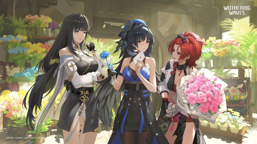 3girls absurdres bailian_(wuthering_waves) black_hair blue_flower bouquet breasts chixia_(wuthering_waves) embarrassed flower hair_between_eyes happy_valentine heart highres holding holding_bouquet holding_flower large_breasts letter long_hair looking_at_viewer medium_hair multiple_girls official_art pink_flower redhead wuthering_waves yangyang_(wuthering_waves)