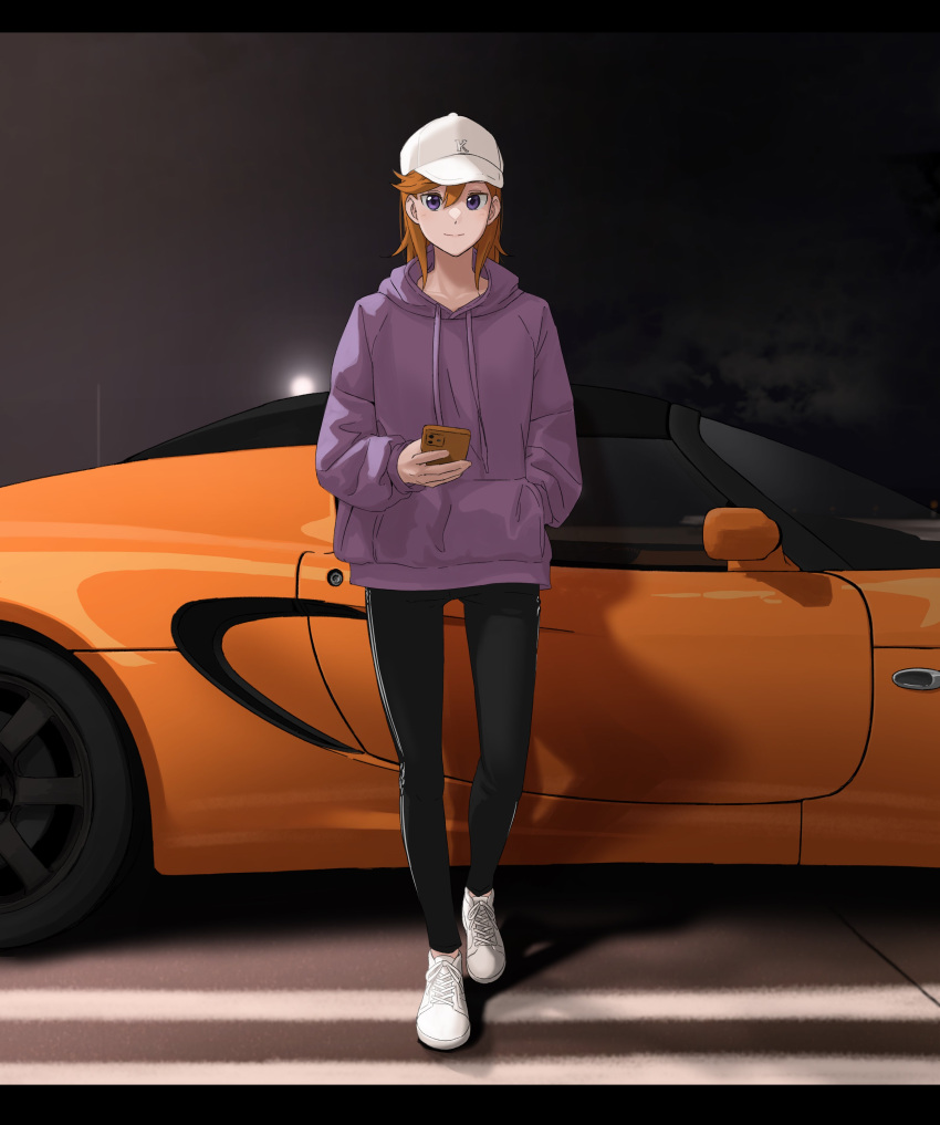1girl absurdres black_pants car cellphone closed_mouth commentary commentary_request hair_between_eyes hand_in_pocket hat highres holding holding_phone hood hood_down hoodie looking_at_viewer lotus_(brand) lotus_elise love_live! love_live!_superstar!! motor_vehicle night orange_hair outdoors pants phone purple_hoodie s_sho_mkrn shadow shibuya_kanon shoes smartphone solo violet_eyes white_footwear white_headwear