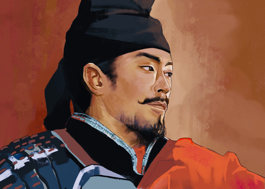 1boy armor beard black_hair chang'an_shier_shichen chinese_armor chinese_clothes chinese_empire facial_hair futou gan_shoucheng hanfu highres looking_to_the_side mustache portrait red_background simple_background solo tang_dynasty yan-c