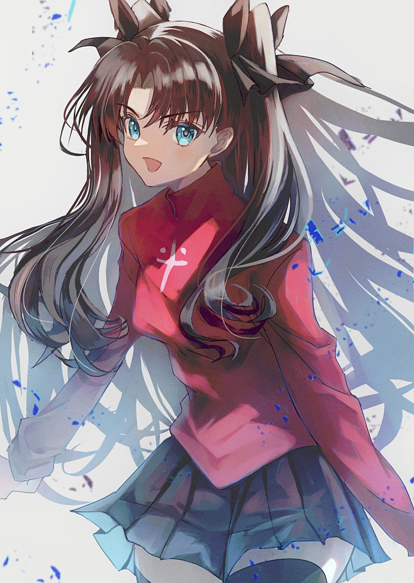 1girl :d aqua_eyes black_hair black_ribbon black_skirt cowboy_shot fate/stay_night fate_(series) hair_ribbon highres long_hair long_sleeves looking_at_viewer open_mouth pleated_skirt ribbon ruko072 simple_background skirt smile solo sweater tohsaka_rin turtleneck turtleneck_sweater two_side_up white_background