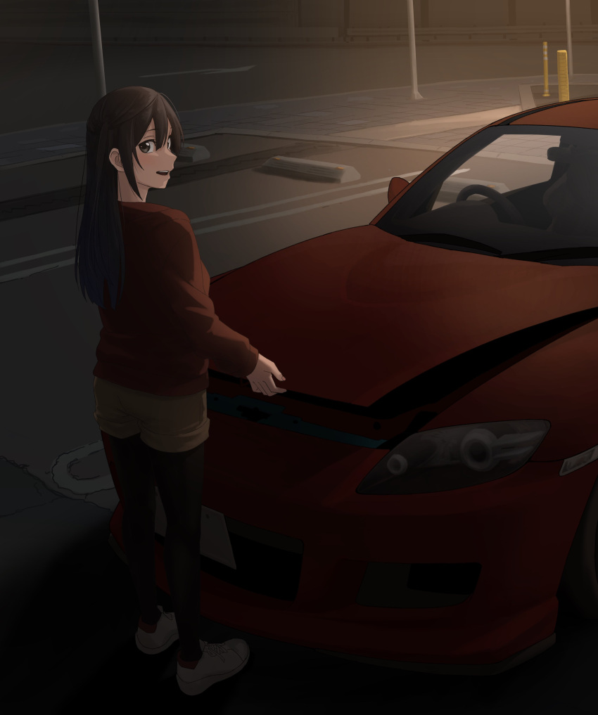 1girl absurdres black_hair black_pantyhose brown_shorts car commentary commentary_request from_behind grey_eyes highres jacket long_sleeves looking_at_viewer love_live! love_live!_nijigasaki_high_school_idol_club mazda mazda_rx-8 motor_vehicle night open_mouth outdoors pantyhose parking_lot red_jacket s_sho_mkrn shoes shorts sidelocks solo white_footwear yuuki_setsuna_(love_live!)