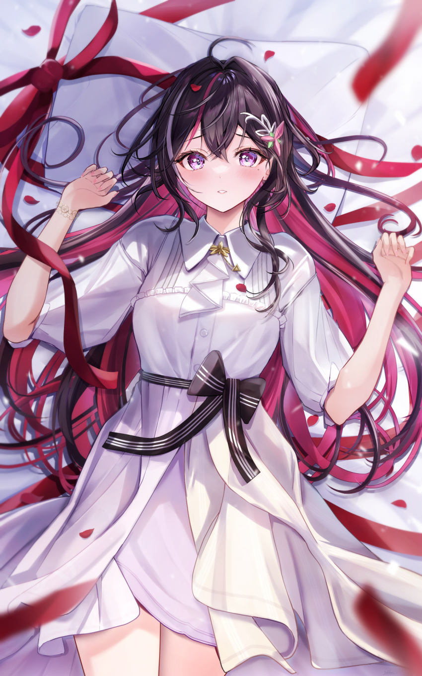 1girl azki_(4th_costume)_(hololive) azki_(hololive) black_hair blush breasts colored_inner_hair dress hair_between_eyes hair_intakes hair_ornament hairclip highres hololive long_hair looking_at_viewer lying multicolored_hair official_alternate_costume on_back pink_hair solo streaked_hair valentine violet_eyes virtual_youtuber white_dress white_hair yuki_haru