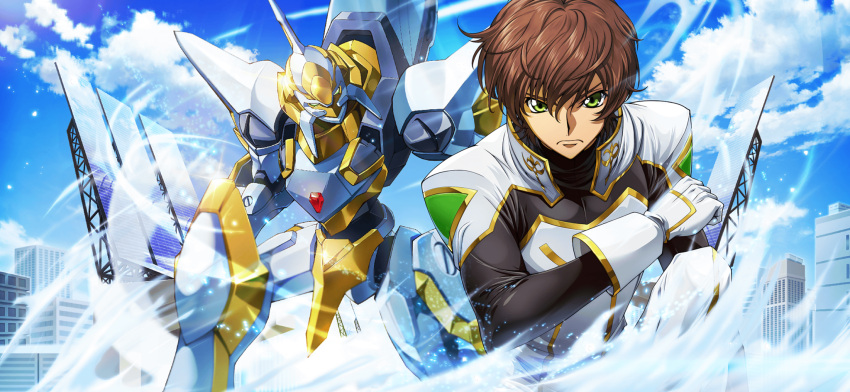 1boy arm_at_side artist_request blue_background blue_sky bodysuit brown_hair city clenched_hand closed_mouth clouds code_geass code_geass:_lost_stories day game_cg gem glint gloves gold_trim green_eyes hand_up highres kururugi_suzaku lancelot_(code_geass) leaning_forward looking_at_viewer male_focus mecha non-web_source official_art on_one_knee outdoors red_gemstone robot serious short_hair sidelocks sky solar_panel solo v-shaped_eyebrows white_bodysuit white_gloves wind