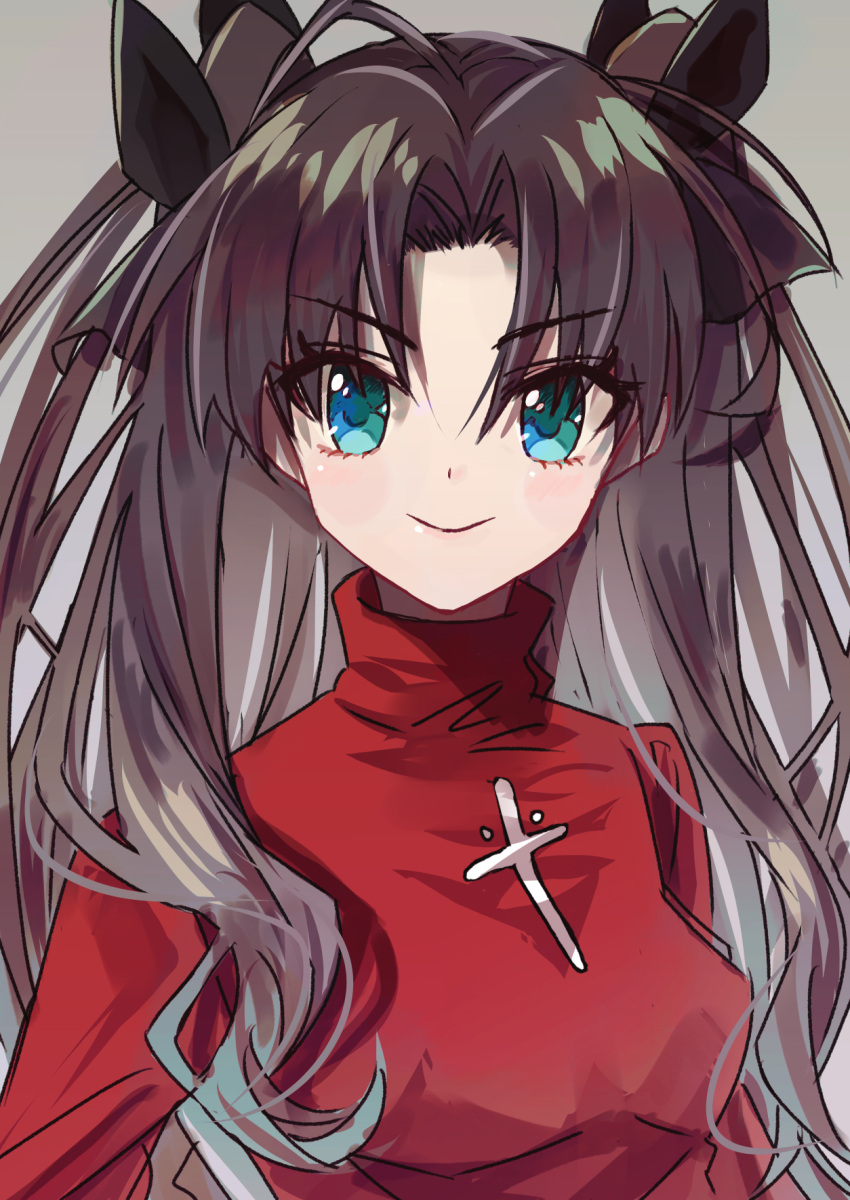 1girl aqua_eyes black_hair black_ribbon closed_mouth fate/stay_night fate_(series) grey_background hair_ribbon highres long_hair long_sleeves looking_at_viewer red_sweater ribbon ruko072 simple_background smile solo sweater tohsaka_rin turtleneck turtleneck_sweater two_side_up upper_body