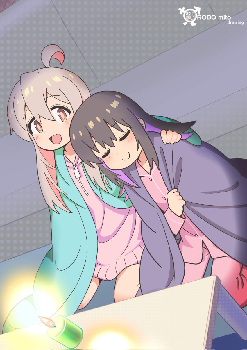 2girls :d ahoge artist_name black_hair blanket brown_eyes candle closed_eyes colored_inner_hair commentary copyright_name corrupted_twitter_file couch dot_nose english_text grey_hair hair_between_eyes hand_on_another's_shoulder highres indoors leaning_on_person light_blush long_hair long_sleeves male-female_symbol multicolored_hair multiple_girls on_floor onii-chan_wa_oshimai! open_mouth oyama_mahiro oyama_mihari pajamas pants pink_hair pink_pajamas pink_pants purple_hair robomito siblings sisters sitting smile table two-tone_hair zipper_pull_tab