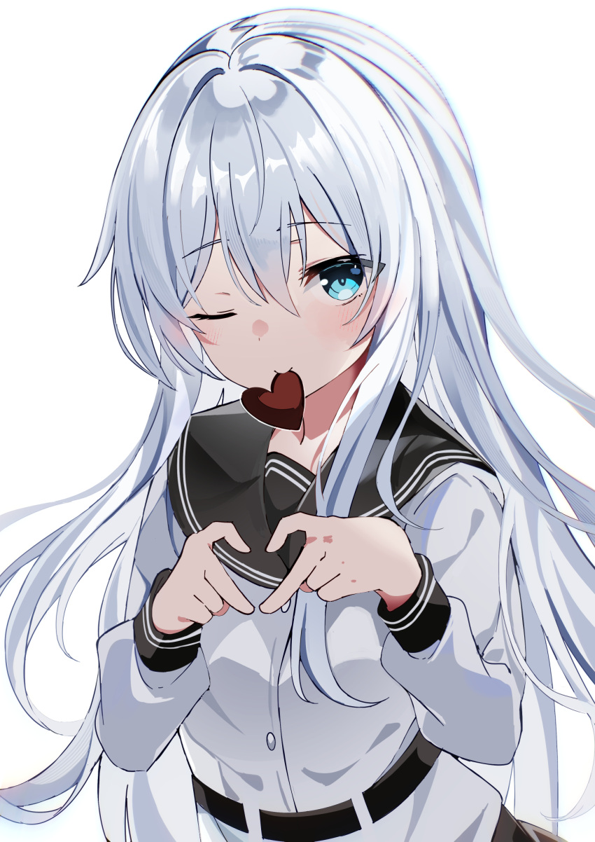 1girl black_sailor_collar black_skirt blue_eyes blush candy chocolate fathom food grey_hair hair_between_eyes heart heart-shaped_chocolate hibiki_(kancolle) highres kantai_collection long_hair long_sleeves looking_at_viewer mouth_hold one_eye_closed sailor_collar sailor_shirt shirt skirt solo upper_body valentine verniy_(kancolle) white_shirt