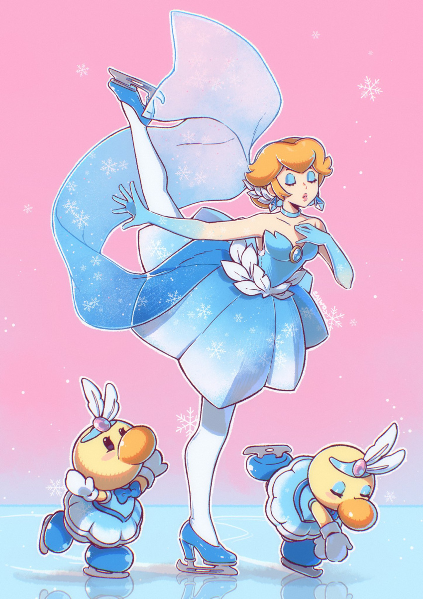 1girl 2others blonde_hair blue_dress blue_eyeshadow dress eyeshadow figure_skater_peach hand_on_own_chest high_heels highres ice_skates ice_skating leg_up makeup multiple_others official_alternate_costume official_alternate_hairstyle princess_peach princess_peach:_showtime! saiwo_(saiwoproject) short_hair skates skating strapless strapless_dress super_mario_bros.