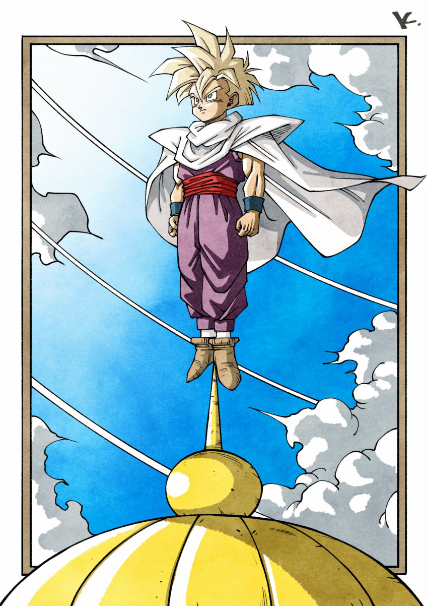 1boy blonde_hair blue_sky border brown_footwear cape clenched_hands closed_mouth clouds commentary_request day dragon_ball dragon_ball_z full_body green_eyes highres initial jumpsuit kakeru_(dbskakeru) male_focus on_roof outdoors purple_jumpsuit red_sash sash serious shoes sky solo son_gohan spiky_hair standing super_saiyan toriyama_akira_(style) white_border white_cape