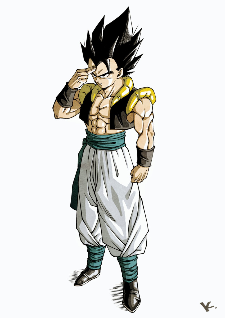 1boy abs baggy_pants biceps black_eyes black_footwear black_thighhighs black_vest clenched_hand dragon_ball dragon_ball_super dragon_ball_super_broly finger_to_face full_body gogeta highres initial kakeru_(dbskakeru) male_focus muscular muscular_male official_style open_clothes open_vest pants shoes simple_background sleeveless solo spiky_hair thigh-highs toriyama_akira_(style) vest white_background white_pants