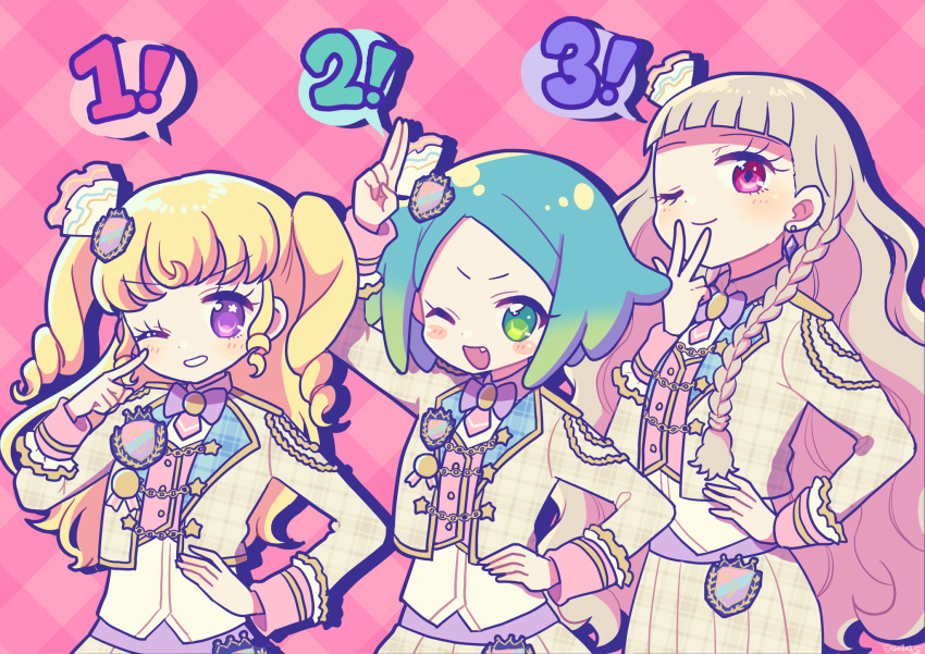 3girls ;d aiguillette arm_up blonde_hair blue_hair blunt_bangs blush braid closed_mouth cowboy_shot cropped_jacket drop_shadow earrings epaulettes fang finger_counting gradient_hair green_eyes green_hair grey_hair hand_on_own_hip hand_up highres idol_clothes idol_time_pripara index_finger_raised jacket jewelry koda_michiru kokichi_yoko long_hair long_sleeves looking_at_viewer miichiru_(pripara) multicolored_hair multiple_girls nijiiro_nino one_eye_closed open_mouth pink_background pleated_skirt pretty_series pripara red_eyes salute short_hair skirt smile speech_bubble standing twin_braids two-finger_salute very_long_hair violet_eyes w w_over_mouth wavy_hair white_jacket white_skirt yumekawa_yui