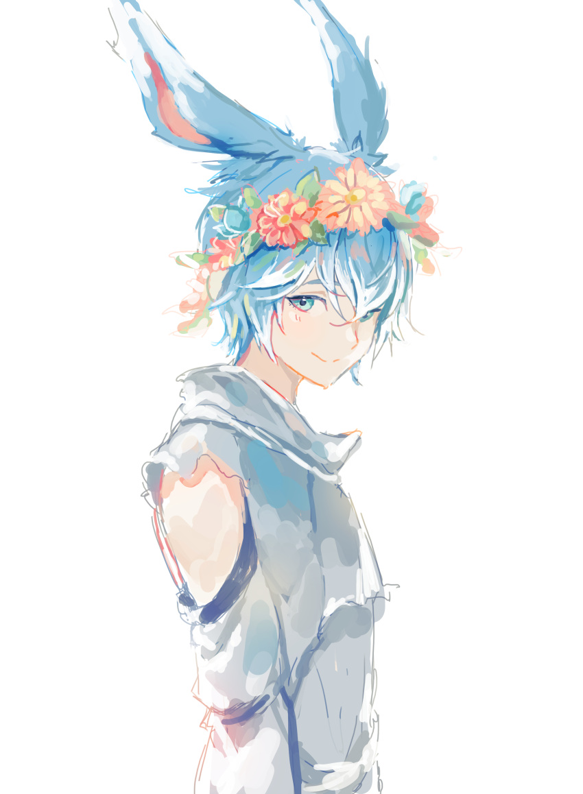 1boy absurdres animal_ears blue_hair closed_mouth final_fantasy final_fantasy_xiv from_side grey_shirt head_wreath highres long_sleeves looking_at_viewer looking_to_the_side lumeru_33 male_focus rabbit_ears shirt simple_background sketch smile solo viera warrior_of_light_(ff14) white_background
