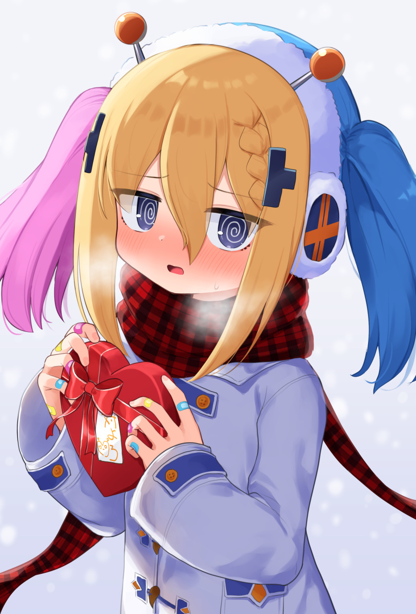 1girl @_@ absurdres bandaid bandaid_on_hand blonde_hair blue_eyes blue_hair blush box box_of_chocolates braid breath coat earmuffs french_braid hair_between_eyes heart-shaped_box highres long_sleeves looking_at_viewer mahjong_fight_girl multicolored_hair nose_blush open_mouth paid_reward_available pink_hair plaid plaid_scarf red_scarf scarf solo sweat toy-toy valentine waon_(43ctw) white_coat