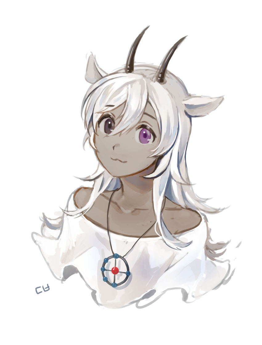 1other :3 absurdres androgynous animal_ears brown_eyes dark_skin goat_ears goat_horns heterochromia highres horns jewelry looking_at_viewer lumeru_33 necklace original shirt simple_background solo violet_eyes white_background white_shirt