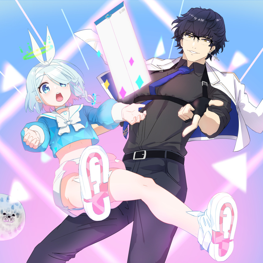 1boy 1girl arona_(blue_archive) bakaking belt black_gloves black_hair blue_archive blue_eyes blue_hair blue_necktie blue_serafuku bow bow_hairband bowtie chest_harness commentary_request crop_top denim fingerless_gloves gacha gameplay_mechanics glasses gloves gradient_background grey_pants grey_shirt hairband harness highres jeans looking_at_viewer midriff necktie open_mouth outstretched_arms pants pink_hair pointing pointing_at_viewer reaching reaching_towards_viewer school_uniform seal_(animal) sensei_(blue_archive) serafuku shirt shirt_tucked_in shoe_soles shoes short_hair skirt smile white_bow white_bowtie white_hairband white_skirt yellow_eyes