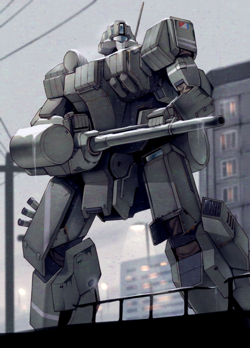 absurdres battle building cable cannon cityscape commentary_request damaged dirty gun highres lamppost light machine_gun mecha missile_pod no_humans original radio_antenna reactive_armor robot science_fiction takahashi_masaki weapon window