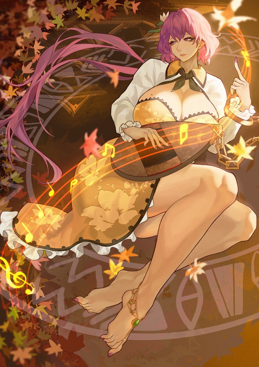 1girl 51447134 absurdres barefoot biwa_lute black_bow black_bowtie bow bowtie breasts earrings floral_print flower hair_flower hair_ornament highres instrument jewelry large_breasts leaf long_hair lute_(instrument) maple_leaf mole mole_on_breast music musical_note playing_instrument ponytail purple_hair solo touhou tsukumo_benben very_long_hair violet_eyes