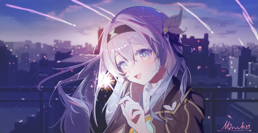 1girl :d black_hairband black_jacket black_ribbon blue_pupils blush bow building cityscape clouds collared_shirt crossed_bangs dot_nose evening firefly_(honkai:_star_rail) fireworks floating_hair from_side grey_eyes grey_hair hair_bow hair_intakes hair_ribbon hairband hand_up highres holding_fireworks honkai:_star_rail honkai_(series) jacket long_hair looking_at_viewer neckerchief night night_sky open_mouth orange_neckerchief outdoors railing ribbon shirt shooting_star sidelocks signature sky skyline smile solo sparkler upper_body white_bow white_shirt wusubamineko