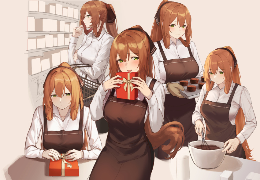 1girl 3_small_spiders apron bow box brown_apron brown_bow brown_hair chocolate commentary_request gift gift_box girls_frontline green_eyes hair_bow highres long_hair looking_at_viewer multiple_views open_mouth shirt smile springfield_(girls'_frontline) white_shirt
