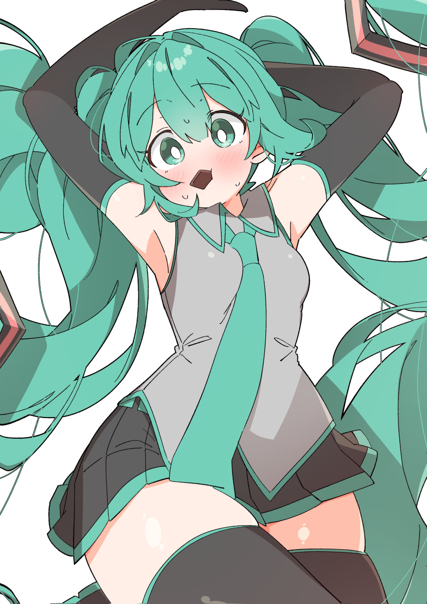 1girl absurdres aqua_eyes aqua_hair armpit_crease armpits arms_up black_gloves blush chocolate elbow_gloves food_in_mouth gloves grey_shirt hatsune_miku highres long_hair looking_at_viewer lying no_nose on_back shirt solo sweat thick_thighs thighs twintails uruti_2388 very_long_hair vocaloid white_background zettai_ryouiki