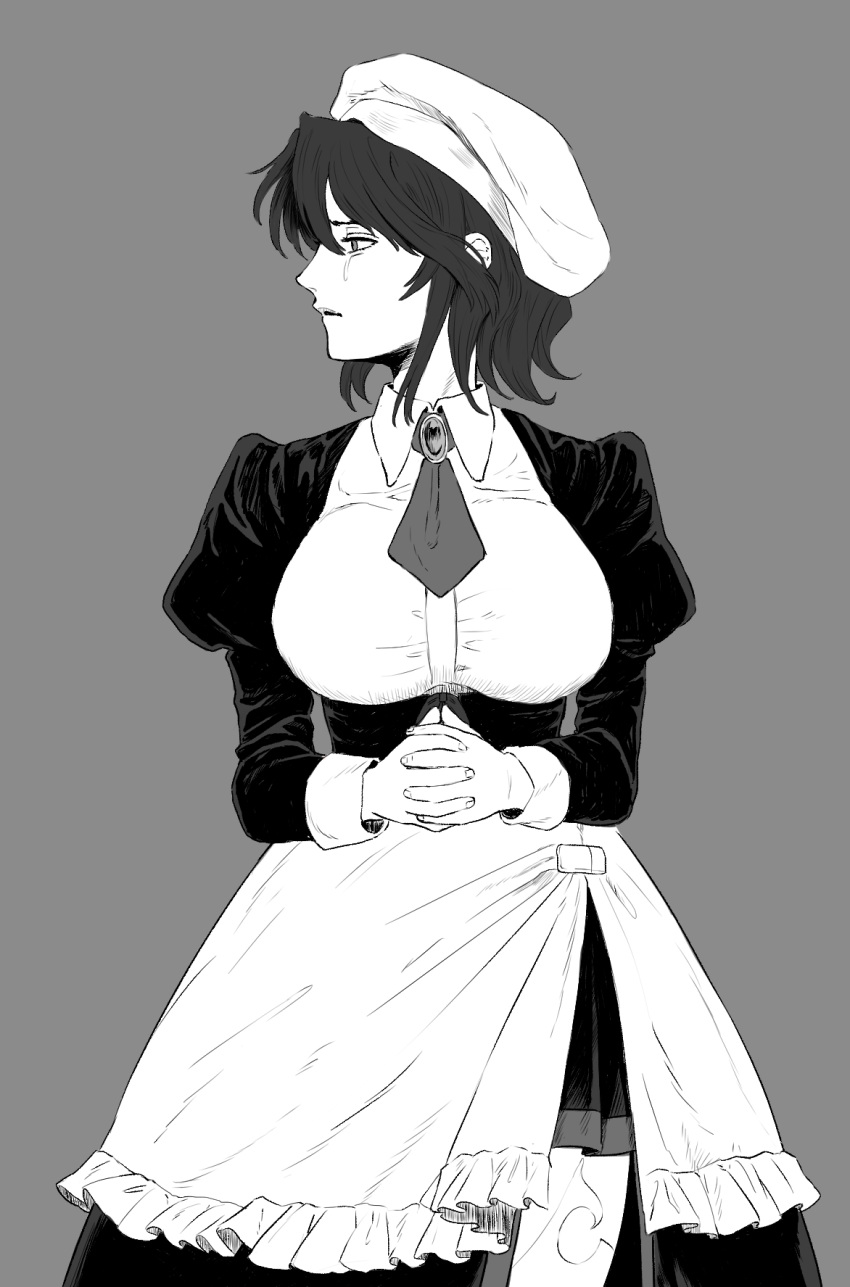 1girl beret breasts brooch collared_dress crying crying_with_eyes_open dress frilled_dress frills grey_background hat highres jewelry large_breasts leg_tattoo long_sleeves looking_to_the_side maid monochrome nasu_(nasuotabe) necktie own_hands_together parted_lips puffy_long_sleeves puffy_sleeves shannon_(umineko) short_hair side_slit solo standing tattoo tears umineko_no_naku_koro_ni wavy_hair