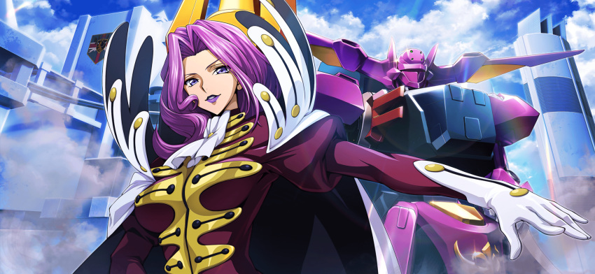 1girl arm_up artist_request ascot blue_sky breasts cape city clouds coat code_geass code_geass:_lost_stories cornelia_li_britannia day forehead game_cg glint gloucester_(code_geass) gloves hair_intakes happy high_collar highres juliet_sleeves large_breasts lipstick long_hair long_sleeves looking_at_viewer makeup mecha military_uniform non-web_source official_art outdoors outstretched_arm parted_lips puffy_sleeves purple_hair purple_lips red_coat robot sidelocks sky smile smoke solo standing teeth uniform upper_body v-shaped_eyebrows violet_eyes white_ascot white_cape white_gloves