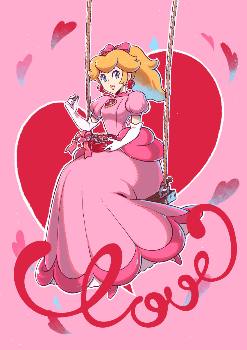 1girl absurdres adapted_costume blonde_hair blue_eyes box box_of_chocolates brooch dress earrings elbow_gloves english_text gloves hair_ribbon heart heart-shaped_box heart_brooch heart_earrings highres jewelry long_dress looking_at_viewer pink_background pink_dress pink_lips pink_ribbon ponytail princess_peach puffy_short_sleeves puffy_sleeves ribbon saiwo_(saiwoproject) short_sleeves sitting solo super_mario_bros. swing_set valentine white_gloves