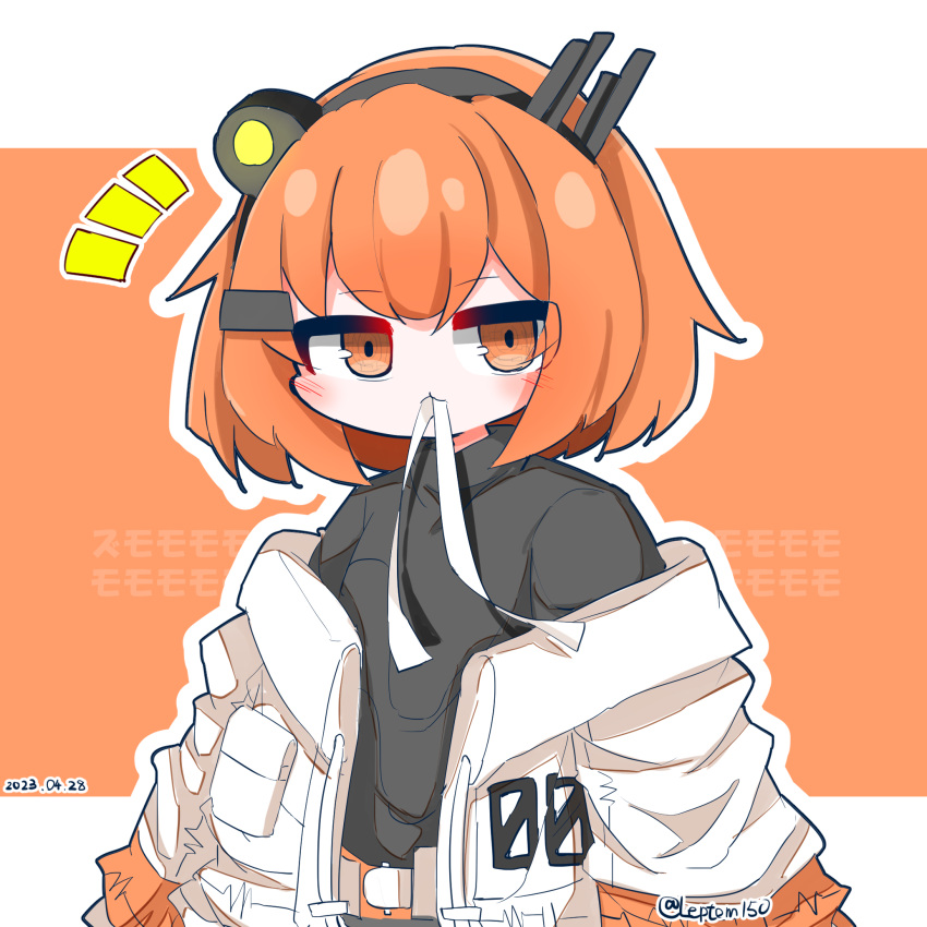 1girl a.i._voice adachi_rei arms_at_sides belt black_shirt blush bob_cut chibi coat coat_partially_removed dated drawstring hair_down headlamp highres jitome leptom150 long_sleeves looking_at_viewer mouth_hold notice_lines open_clothes open_coat orange_background orange_belt orange_eyes outline outside_border radio_antenna ribbon ribbon_in_mouth ringed_eyes shirt simple_background solo standing turtleneck twitter_username upper_body utau white_coat white_outline white_ribbon