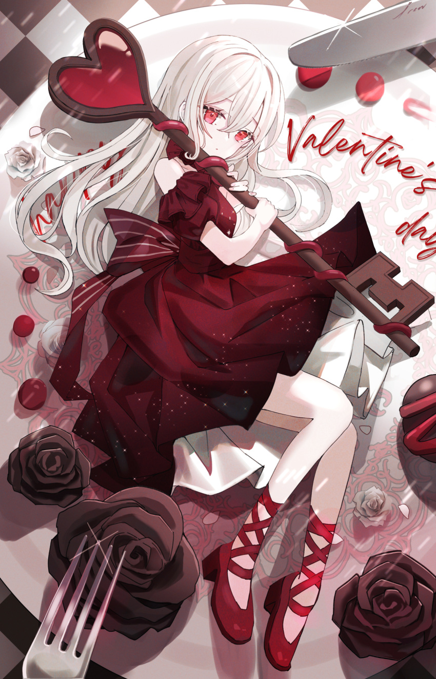 1girl bare_shoulders brown_rose checkered_floor closed_mouth commentary_request dress fork hair_between_eyes happy_valentine heart high_heels highres holding holding_key iren_lovel key knife long_hair lying mini_person minigirl on_side original plate pleated_dress puffy_short_sleeves puffy_sleeves red_dress red_eyes red_footwear shoes short_sleeves solo valentine very_long_hair white_hair