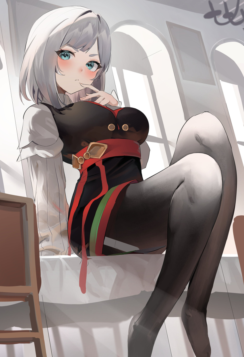 1girl absurdres akershus_fortress_(oshiro_project) aqua_eyes black_dress black_pantyhose bob_cut breasts chair closed_mouth collared_shirt dress grey_hair hand_on_own_cheek hand_on_own_face hand_up highres kinoruru_toiro large_breasts long_sleeves medium_hair oshiro_project:re pantyhose red_ribbon ribbon shirt sitting sleeveless sleeveless_dress solo white_shirt window