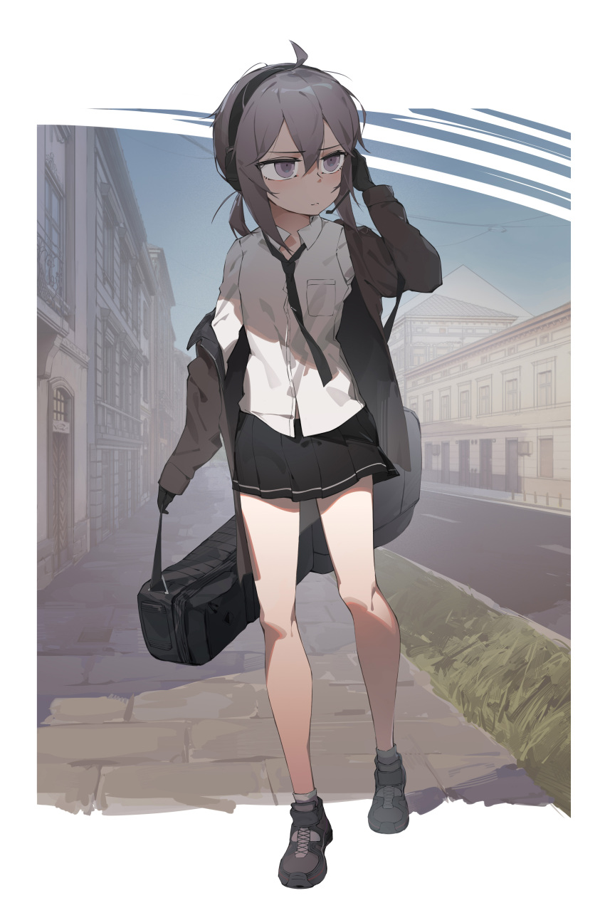 1girl absurdres ahoge bare_legs black_footwear black_gloves black_necktie black_skirt blue_sky blush boots breast_pocket building carrying carrying_case city cityscape clear_sky closed_mouth collared_shirt commentary day door dress_shirt european_architecture full_body girls_frontline gloves grass grey_footwear grey_hair grey_jacket grey_socks guitar_case hair_between_eyes hand_on_headset hand_on_own_cheek hand_on_own_face hand_up head_tilt headset highres instrument_case jacket looking_to_the_side loose_clothes loose_shirt m200_(girls'_frontline) messy_hair miniskirt necktie off_shoulder outdoors parted_bangs pavement pleated_skirt pocket road serious shirt sidelocks skirt sky socks standing swept_bangs tr07 twintails two-tone_boots violet_eyes white_shirt window wooden_door