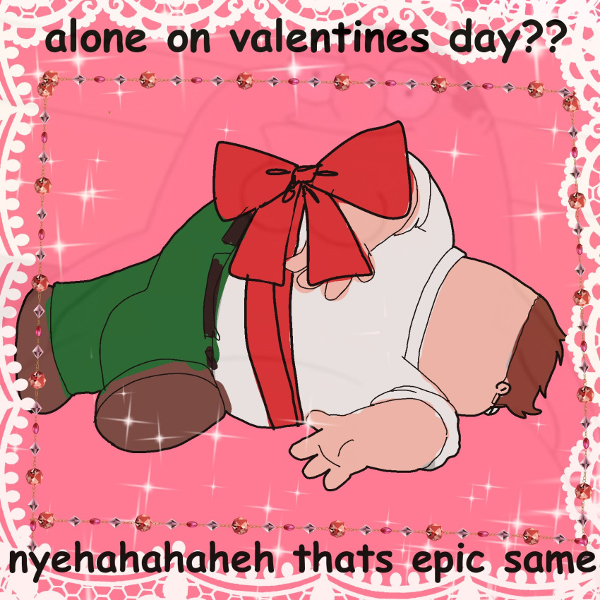 1boy bow brown_footwear brown_hair collared_shirt english_text family_guy family_guy_death_pose_(meme) fat fat_man glasses green_pants highres kowai_(iamkowai) lying male_focus meme on_side pants peter_griffin red_bow shirt short_hair solo valentine very_short_hair white_shirt