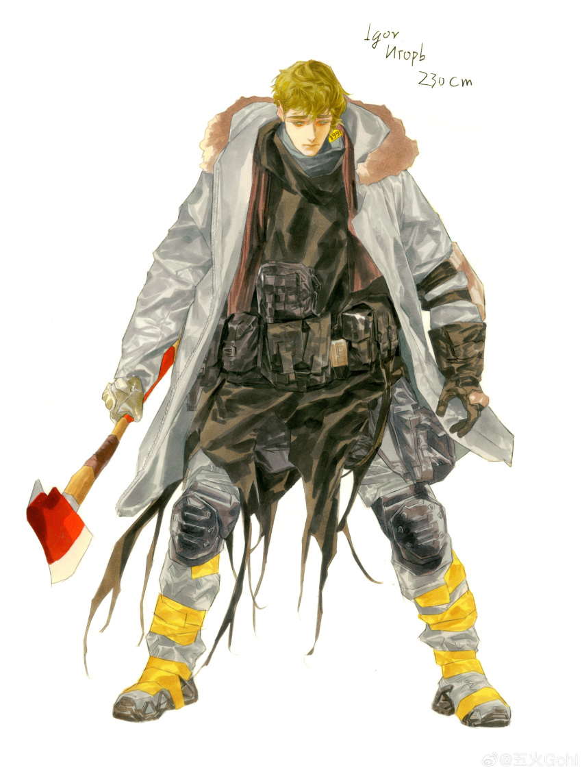 1boy 5hgohi absurdres asymmetrical_gloves axe black_gloves blonde_hair brown_shirt character_name closed_mouth coat cyrillic fanny_pack full_body fur-trimmed_hood fur_trim gloves grey_gloves grey_pants height highres holding holding_axe hood hood_down knee_pads long_sleeves looking_down male_focus mismatched_gloves original pants russian_text shirt short_hair simple_background solo standing tachi-e two-tone_pants weibo_logo weibo_username white_background white_coat yellow_pants