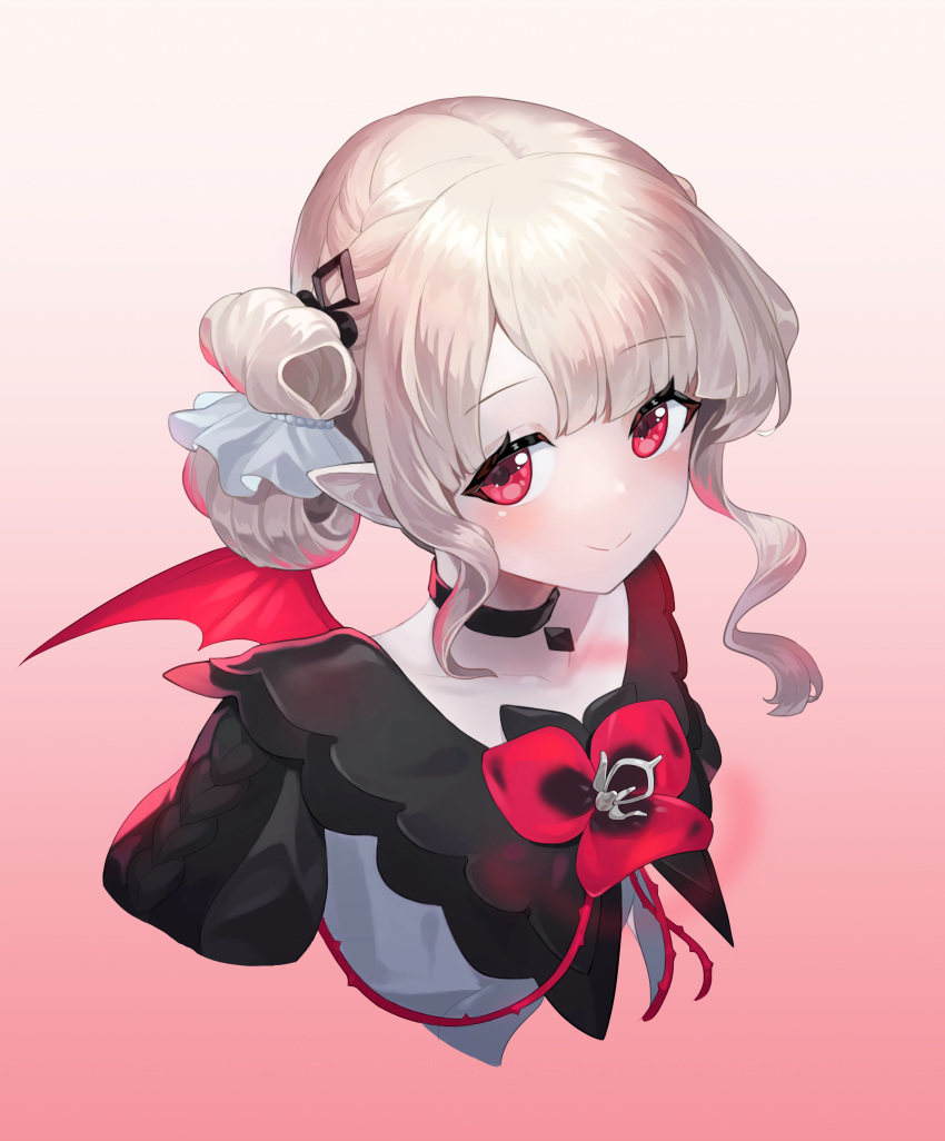 1girl absurdres black_choker blush choker closed_mouth copyright_request cropped_torso gradient_background grey_hair highres looking_at_viewer lumeru_33 neck_flower pink_background pointy_ears red_eyes smile solo upper_body violet_eyes