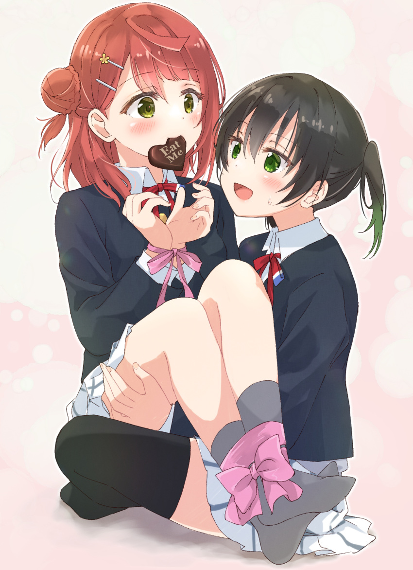 2girls airmilk310 black_hair black_jacket black_thighhighs blush bound bound_ankles bound_wrists candy chocolate collared_shirt commentary english_commentary food gradient_hair green_eyes green_hair grey_socks hair_bun hair_ornament hairclip heart heart-shaped_chocolate highres jacket long_sleeves looking_at_another love_live! love_live!_nijigasaki_high_school_idol_club medium_hair mouth_hold multicolored_hair multiple_girls neck_ribbon nijigasaki_academy_school_uniform open_mouth pink_ribbon pleated_skirt red_ribbon redhead ribbon school_uniform shirt sidelocks single_side_bun sitting sitting_on_person skirt socks swept_bangs takasaki_yuu thigh-highs tied_up_(nonsexual) twintails uehara_ayumu white_shirt white_skirt winter_uniform yellow_eyes yuri
