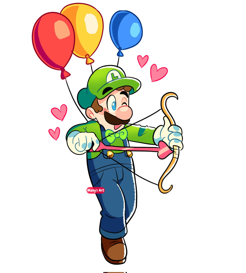 1boy 1girl balloon big_nose blue_eyes blue_overalls bow_(weapon) brown_hair cupid facial_hair gloves green_headwear green_shirt hat highres long_sleeves luigi manysart1 mustache one_eye_closed overalls shirt solo super_mario_bros. weapon white_gloves