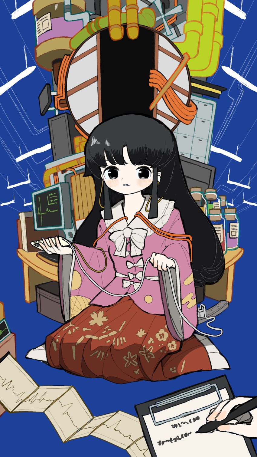 1girl 1other absurdres black_eyes black_hair blue_background bow bowtie cable cellphone charging_device clipboard commission earphones earphones full_body graph highres holding holding_phone houraisan_kaguya industrial_pipe jar laboratory light_blush long_hair long_skirt long_sleeves looking_at_viewer monitor neruzou parted_lips pen phone pink_shirt pixiv_commission pleated_skirt print_skirt red_skirt seiza shirt sitting skirt smartphone solo_focus touhou white_bow white_bowtie wide_sleeves