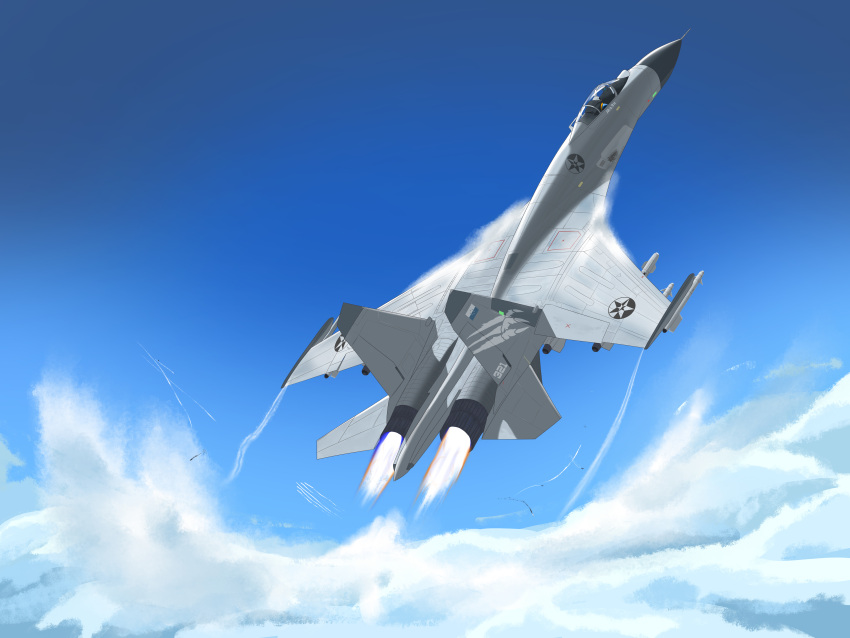 above_clouds absurdres ace_combat ace_combat_7 afterburner air-to-air_missile air_current aircraft airplane blue_sky clouds contrail decal fighter_jet highres j-11 jet military_vehicle no_humans people's_liberation_army people's_liberation_army_air_force pl-9 sky trigger_(ace_combat) vehicle_focus von_dietrich war_thunder