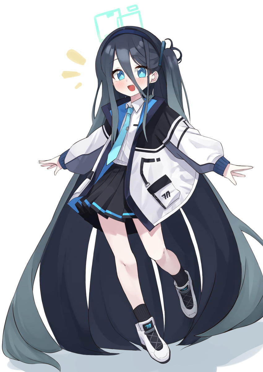 1girl absurdly_long_hair absurdres aqua_halo aris_(blue_archive) black_hair black_hairband black_skirt black_socks blue_archive blue_eyes blue_necktie blush collared_shirt full_body hair_between_eyes hairband highres jacket long_hair long_sleeves multicolored_clothes multicolored_jacket necktie notice_lines one_side_up open_mouth outstretched_arms pepsi2330 pleated_skirt ringed_eyes shirt shoes skirt smile sneakers socks solo square_halo tie_clip very_long_hair white_background white_footwear white_shirt
