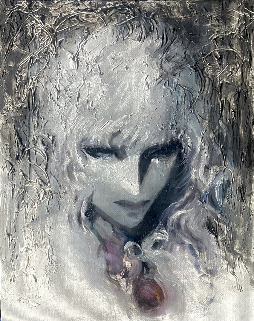 17luj 1boy berserk bishounen black_background blue_eyes colored_skin commentary english_commentary expressionless griffith_(berserk) highres looking_down male_focus oil_painting_(medium) painting_(medium) solo traditional_media upper_body wavy_hair white_hair white_skin