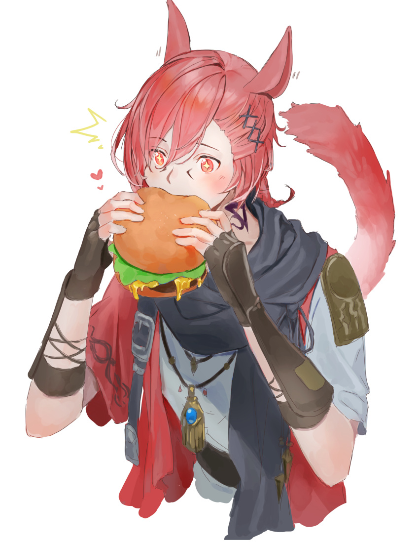 +_+ 1boy ^^^ absurdres animal_ears black_gloves black_scarf burger cat_ears cat_tail final_fantasy final_fantasy_xiv food foodgasm g'raha_tia gloves grey_shirt hair_ornament hairclip heart highres holding jewelry lumeru_33 male_focus miqo'te necklace red_eyes redhead scarf shirt simple_background solo tail upper_body white_background wide-eyed x_hair_ornament