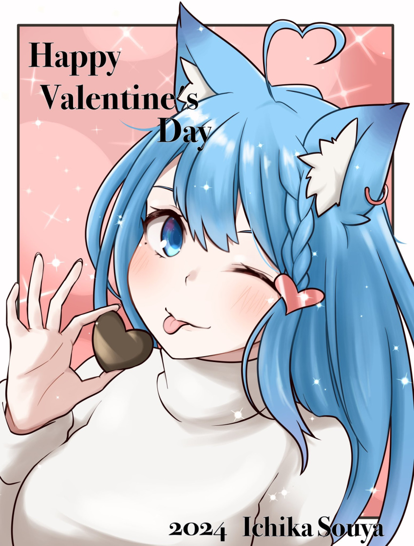 1girl 2024 ahoge alternate_costume animal_ear_piercing animal_ears blue_eyes blue_hair blush braid breasts candy character_name chocolate closed_mouth commentary_request dog_ears dog_girl earrings food hair_ornament happy_valentine heart heart-shaped_chocolate heart_ahoge heart_hair_ornament highres jewelry long_hair looking_at_viewer lovermoonlight medium_bangs medium_breasts nanashi_inc. one_eye_closed side_braid single_earring smile solo souya_ichika sweater tongue tongue_out turtleneck turtleneck_sweater upper_body virtual_youtuber white_sweater