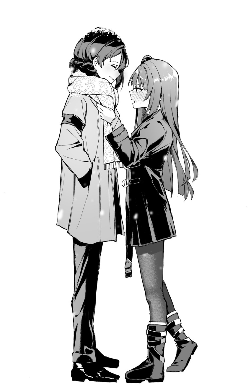2girls adjusting_another's_clothes blush boots braid closed_eyes female_commander_(girls'_frontline) french_braid from_side full_body girls_frontline harafrontline height_difference highres long_hair monochrome multiple_girls open_mouth pants pantyhose scarf shoes short_hair wa2000_(girls'_frontline) white_background