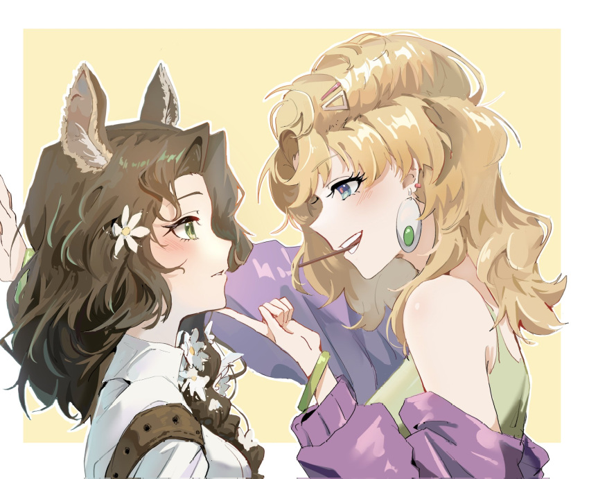 2girls :d animal_ears bare_shoulders blonde_hair blonney blush border bracelet brown_hair deer_ears deer_girl duang_(zhngy64049365) earrings eye_contact face-to-face flower food food_in_mouth green_eyes grey_sports_bra hair_flower hair_ornament hair_over_shoulder hand_on_another's_chin highres jacket jessica_(reverse:1999) jewelry kabedon long_hair looking_at_another medium_hair multiple_girls off_shoulder outside_border pocky pocky_in_mouth profile purple_jacket reverse:1999 shirt smile sports_bra teeth upper_body violet_eyes white_border white_flower white_shirt yellow_background yuri