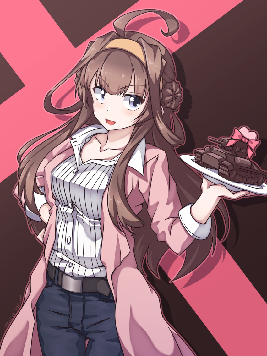 1girl 547th_sy ahoge black_pants brown_hair chocolate chocolate_statue coat collared_shirt commentary_request double_bun dress_shirt hair_bun hairband highres kantai_collection kongou_(kancolle) long_hair military_vehicle motor_vehicle official_alternate_costume open_mouth orange_hairband pants pink_coat shirt solo striped_clothes striped_shirt tank violet_eyes white_shirt