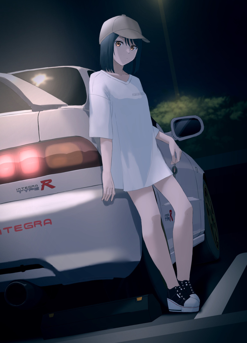 1girl absurdres black_footwear black_hair brown_eyes brown_headwear car closed_mouth collarbone commentary commentary_request dutch_angle hat highres honda honda_integra looking_at_viewer love_live! love_live!_nijigasaki_high_school_idol_club mifune_shioriko motor_vehicle night outdoors s_sho_mkrn shirt shoes short_hair solo white_shirt